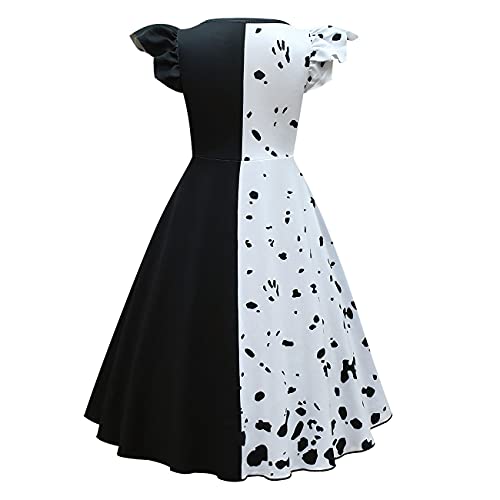 IWEMEK Niñas Cruella de Vil Disfraz 101 Dálmatas Cruella Vestido Abrigo con Accesorios de Cosplay Halloween Carnaval Fiesta de Cumpleaños Navidad Disfraz de Reina Alta Baja 7-8 años