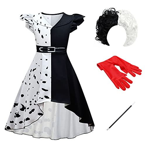 IWEMEK Niñas Cruella de Vil Disfraz 101 Dálmatas Cruella Vestido Abrigo con Accesorios de Cosplay Halloween Carnaval Fiesta de Cumpleaños Navidad Disfraz de Reina Alta Baja 7-8 años