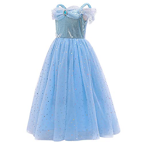 IWEMEK Vestido de Cenicienta Disfraz de Princesa Maxi Largo de Tul con Accesorios Niñas Disfraces de Carnaval Halloween Navidad Cumpleaños Ceremonia Fiesta Vestidos Ropa #04: Azul Set 4-5 años