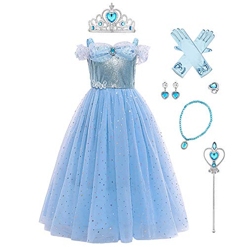 IWEMEK Vestido de Cenicienta Disfraz de Princesa Maxi Largo de Tul con Accesorios Niñas Disfraces de Carnaval Halloween Navidad Cumpleaños Ceremonia Fiesta Vestidos Ropa #04: Azul Set 4-5 años