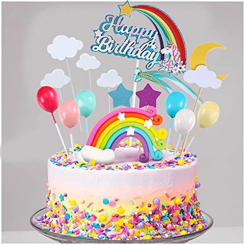 iZoeL Unicornio Decoración de Tartas Cumpleaños Happy Birthday Banderines Globos Arcoiris Estrella Cake Topper Decorar Tartas Infantiles Niñas