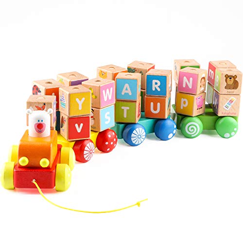 Jacootoys Trenes de Juguete Tren de Madera con Letras Alfabeto Bloque Juegos de Construcción Preescolar para Niños de 2 Años, 26 Piezas