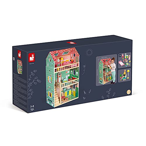 Janod - Happy Day - Casa de Muñecas en Madera, 3 Plantas y 12 Accesorios Incluidos, Juego de Imitación, Desarrollo de La Imaginación - Desde Los 3 Años, J06580