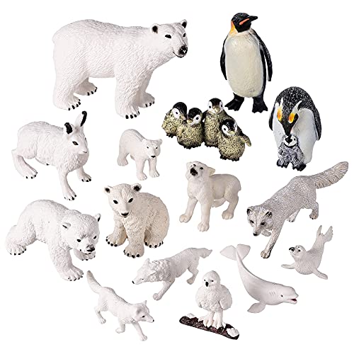 JOKFEICE Figuras de animales polares, 15 piezas de figuras de animales realistas de plástico pingüino oso polar modelo de acción para juguetes educativos tempranos de cumpleaños para niños adultos