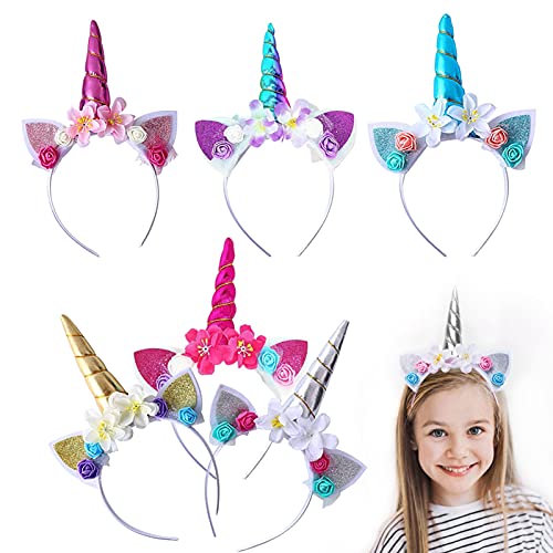 JOKILY 6 Piezas de Diadema unicornio mujer, Diademas de unicornio con flores, Accesorios para el pelo y orejas de cuerno de unicornio, para Decoración Cosplay Party Supplies Party