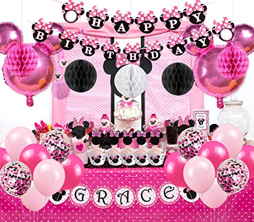 Jollyboom Artículos de Fiesta de cumpleaños con temática de Minnie Decoraciones Globos de Minnie Envolturas de Cupcake Envolturas para el Primer, Segundo y Tercer cumpleaños