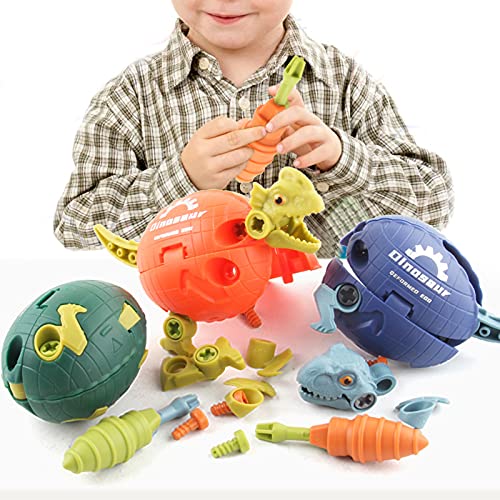 Juguete de dinosaurio de bricolaje,juguete de huevo de dinosaurio deformable con ensamblaje de destornillador de plástico 4pcs/set Oxhorns Tyrannosaurus Rex Triceratops Velociraptor Regalo para niños