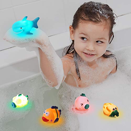 Juguetes de Baño para Niños de 1 Año, 6 Packs Juego de Juguetes de Baño para Bebés, Juguetes Acuáticos de Goma Flotantes para Niños, Color intermitente en el agua