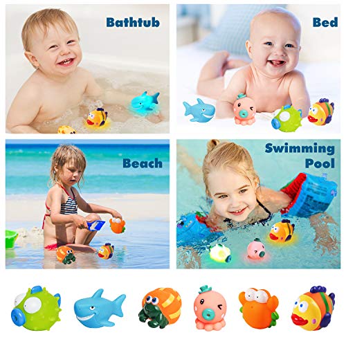 Juguetes de Baño para Niños de 1 Año, 6 Packs Juego de Juguetes de Baño para Bebés, Juguetes Acuáticos de Goma Flotantes para Niños, Color intermitente en el agua