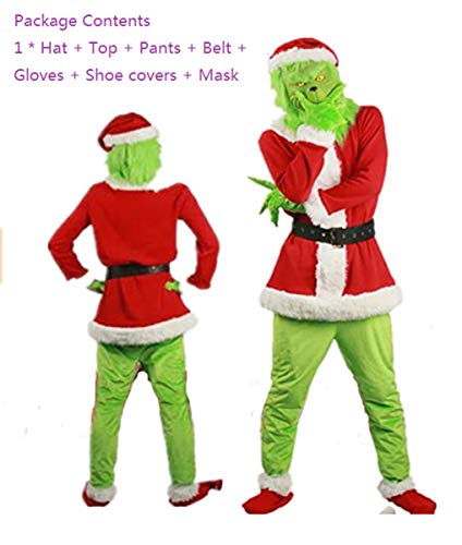 Kaizizi Disfraz de Papá Noel Grinch para adultos como Grinch robó Navidad, 7 piezas de lujo Cosplay disfraces Set con máscara de monstruo de pelo verde guantes para Navidad, rosso, XL