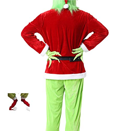 Kaizizi Disfraz de Papá Noel Grinch para adultos como Grinch robó Navidad, 7 piezas de lujo Cosplay disfraces Set con máscara de monstruo de pelo verde guantes para Navidad, rosso, XL