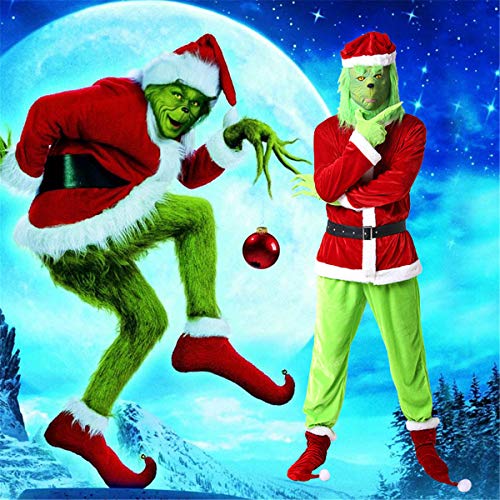 Kaizizi Disfraz de Papá Noel Grinch para adultos como Grinch robó Navidad, 7 piezas de lujo Cosplay disfraces Set con máscara de monstruo de pelo verde guantes para Navidad, rosso, XL