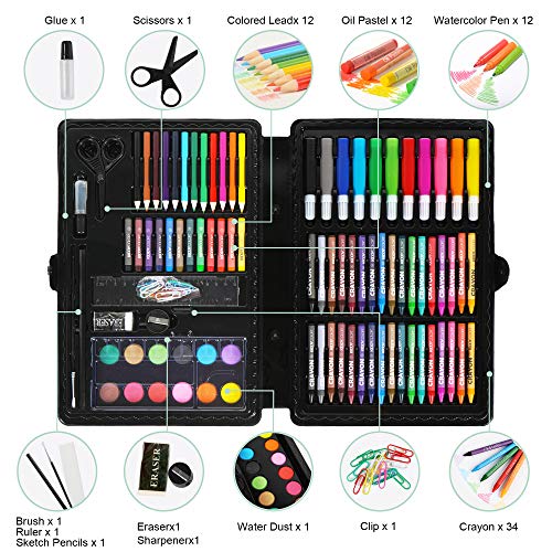 KIDDYCOLOR Conjunto Arte Deluxe en Maletín, para Niños Set Material Escolar , Incluye lápices de Colores, Pasteles de óleo, Acuarelas, Pinceles para Pintar (109 Piezas)