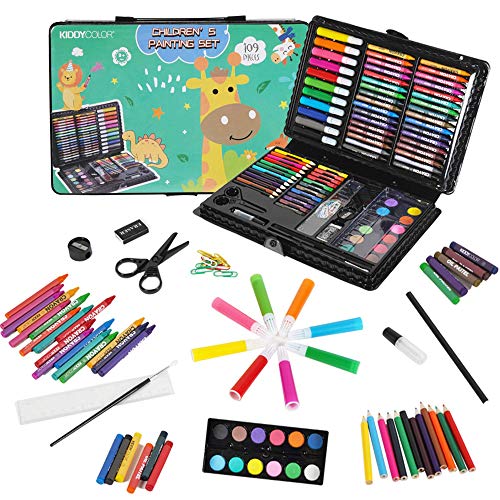 KIDDYCOLOR Conjunto Arte Deluxe en Maletín, para Niños Set Material Escolar , Incluye lápices de Colores, Pasteles de óleo, Acuarelas, Pinceles para Pintar (109 Piezas)