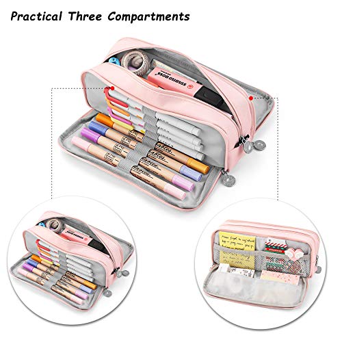 KidsPark Estuche Escolar con 3 Compartimentos, Estuche Escolar Grande Capacidad, Estuche Lapices Organizador Estuche de Maquillaje para Niña Niños Adolescentes Estudiantes, Rosa