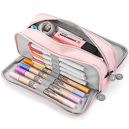 KidsPark Estuche Escolar con 3 Compartimentos, Estuche Escolar Grande Capacidad, Estuche Lapices Organizador Estuche de Maquillaje para Niña Niños Adolescentes Estudiantes, Rosa