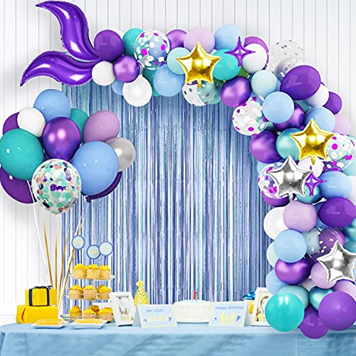 Kit de guirnalda de globos de sirena con cortina de flecos de aluminio, suministros de fiesta con arco de cola de sirena con globos de confeti verde púrpura para decoraciones de fiesta de cumpleaños