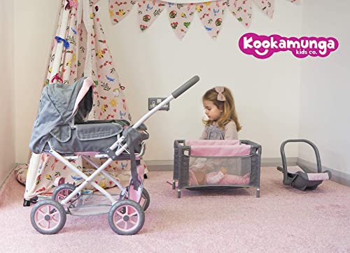 KOOKAMUNGA KIDS Juego de 5 piezas de lujo para muñecas | Cochecito de juguete y cuna | Cuna extraíble | Parque de juego y cuna de viaje | Asiento de coche | Cambiador de pañales (rosa y gris oscuro)