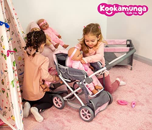 KOOKAMUNGA KIDS Juego de 5 piezas de lujo para muñecas | Cochecito de juguete y cuna | Cuna extraíble | Parque de juego y cuna de viaje | Asiento de coche | Cambiador de pañales (rosa y gris oscuro)