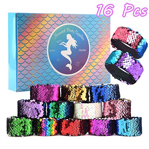 KUUA 16 Piezas de Lentejuelas mágicas Pulseras de Sirena 2 Colores Pulseras con Brillo Reversible para niños La Fiesta de cumpleaños de Sirenita pequeña favorece (Colores al Azar)