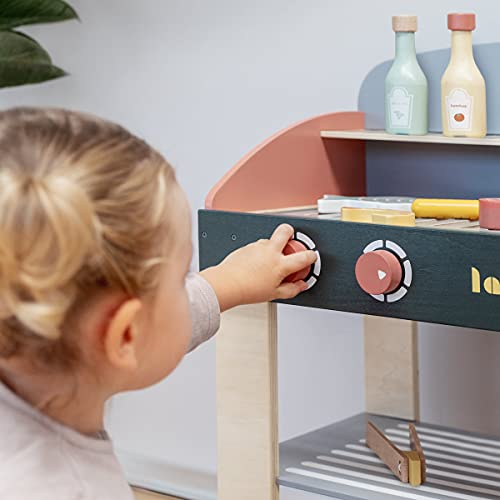 Lalaloom BABYCUE - Cocina de juguete de madera para niños (cocina infantil, juego de imitación, cocinita barbacoa con accesorios de madera), 47x31x58 cm