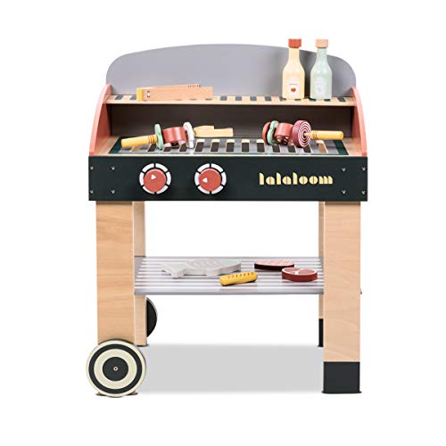 Lalaloom BABYCUE - Cocina de juguete de madera para niños (cocina infantil, juego de imitación, cocinita barbacoa con accesorios de madera), 47x31x58 cm