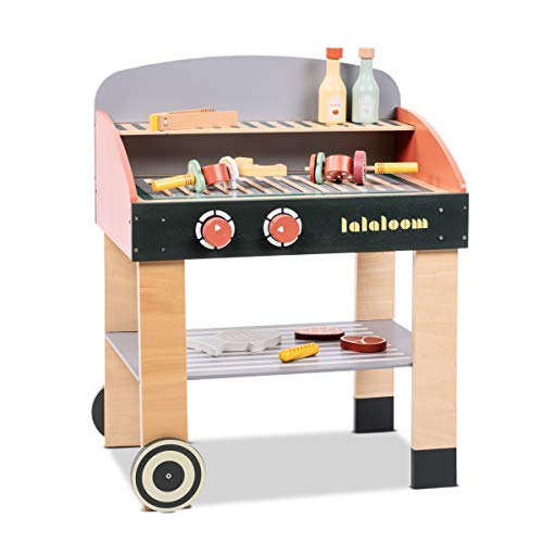 Lalaloom BABYCUE - Cocina de juguete de madera para niños (cocina infantil, juego de imitación, cocinita barbacoa con accesorios de madera), 47x31x58 cm