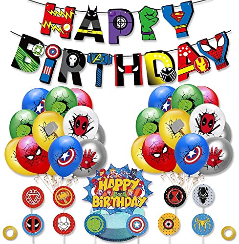 LATERN Conjunto De Banner De Globos De Superhéroe, Banner De Feliz Cumpleaños Superhéroe, 24Pz Globos, 11Pz De Adornos Para Tartas - Para Decoración De Fiesta De Cumpleaños Del Tema De Los Vengadores