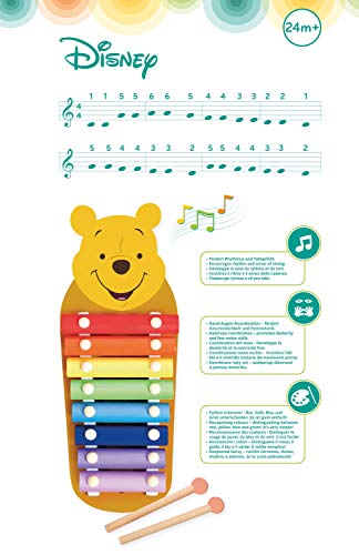 Lena 52950 Xylofon Disney Winnie The Pooh - xilófono de Madera con 8 plaquetas de Metal y 2 Baquetas de Madera, Instrumento de percusión para niños a Partir de 24 m+, diseño de Oso de Peluche