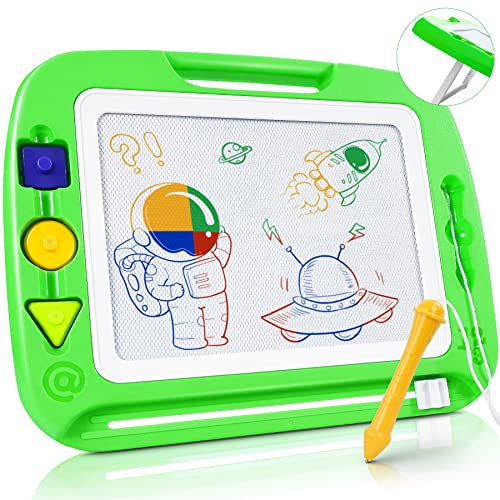 lenbest Pizarra Magnética Infantil, 42x32cm Doodle Magnético Infantil,Tablero de Dibujo Magnético, Juguetes Educativos para Niños Infantiles, con Soporte, 3 Sellos y 1 Plumas, Verde