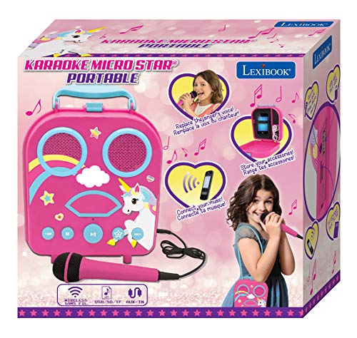 LEXIBOOK, alta, Unicornio-Karaoke Micro Star inalámbrico, con Bluetooth, micrófono, toma auxiliar, puerto USB, altavoz portátil color ROSA, a partir de 3 años (BTC050UNI)