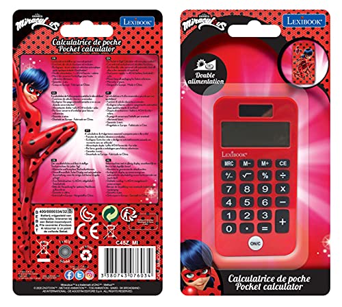 LEXIBOOK- Calculadora de Bolsillo Miraculous, Ladybug, Funciones de clásicas y avanzadas, Cubierta Protectora rígida, con batería, Rojo/Negro