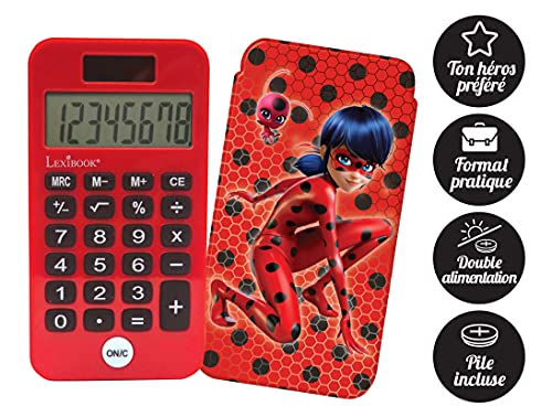 LEXIBOOK- Calculadora de Bolsillo Miraculous, Ladybug, Funciones de clásicas y avanzadas, Cubierta Protectora rígida, con batería, Rojo/Negro