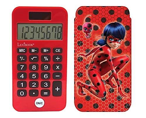 LEXIBOOK- Calculadora de Bolsillo Miraculous, Ladybug, Funciones de clásicas y avanzadas, Cubierta Protectora rígida, con batería, Rojo/Negro