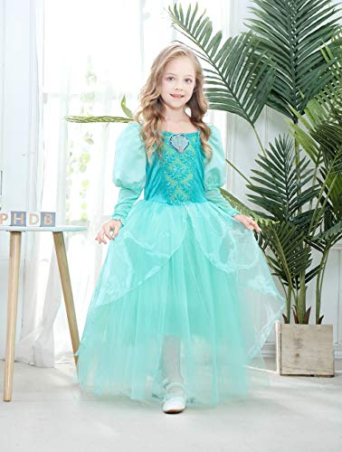 Lito Angels Vestido de Princesa Sirena Ariel Jazmin para Niñas Disfraz de Halloween Carnaval Fiesta de Cumpleaños Talla 9-10 años Verde, Manga Larga