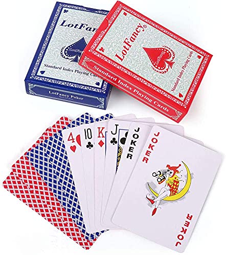 LotFancy 2 Barajas Cartas Poker Clásica, Standard Tamaño Playnig Cards por el Blackjack, Euchre, Los Corazones, Incluso al Solitario (Azul & Rojo)