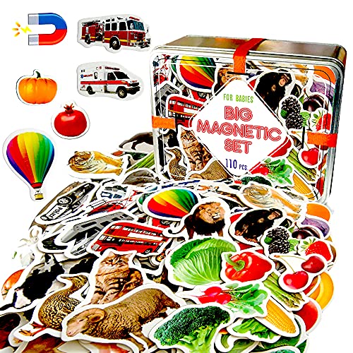 magdum Imanes Nevera niños Animales+Frutas+Verduras+Transporte - 110 Grandes imanes Bebes - Montessori Bebe - Animales de Juguete - Juguetes Bebes - Juegos educativos niños - Regalo Bebe - Iman