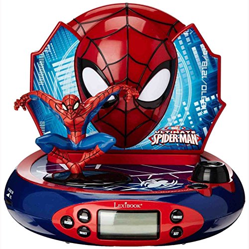 Marvel, Reloj Despertador con proyector Spider-Man, Luz de Noche incorporada, proyección de Tiempo en el Techo, Efectos de Sonido, Funciona con batería, niño, Azul/Rojo, RP500SP