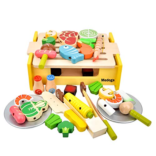 medoga Juego de comida de madera para barbacoa, juego de juguetes con utensilios de cocina y corte, juego de cocina para niños pequeños, juguetes educativos regalo para niños y niñas