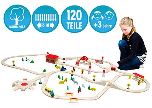 messefix Juego de tren de madera – 8 m de tren de juguete de madera para niños