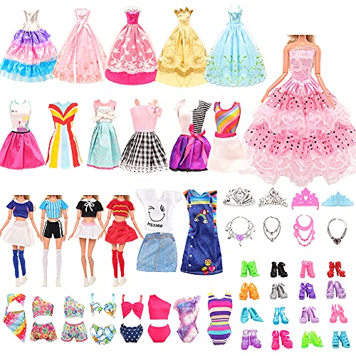 Miunana 41 Accesorios para Muñeca De 11.5 Pulgadas Y 28 - 30 Cm: 5 Vestidos + 4 Trajes De Animadora + 5 Trajes De Baño + 5 Vestidos De Novia + 6 Coronas + 6 Collares + 10 PCS Zapatos