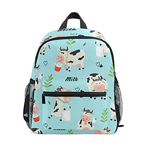 Mochila infantil para niñas y niños, diseño de vaca linda bolsa escolar con correa para el pecho y soporte para botellas, mochila para guardería preescolar, ligera