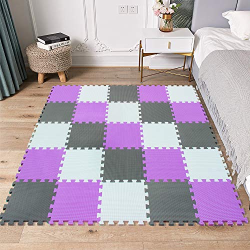 MSHEN 25 Piezas Alfombra Puzzle Bebe con Certificado CE y certificación EVA | Puzzle Suelo Bebe | Puede ser Lavado Goma eva,Tamaño 2.01cuadrado, blanco-púrpura-gris-AKLg25