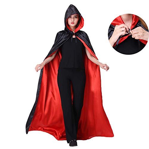 Myir Reversible Capa Negro Rojo con Capucha Adulto Niño Niña, Unisex Disfraces Disfraz de Halloween Hombre Mujer Brujo Bruja Vampira (L)