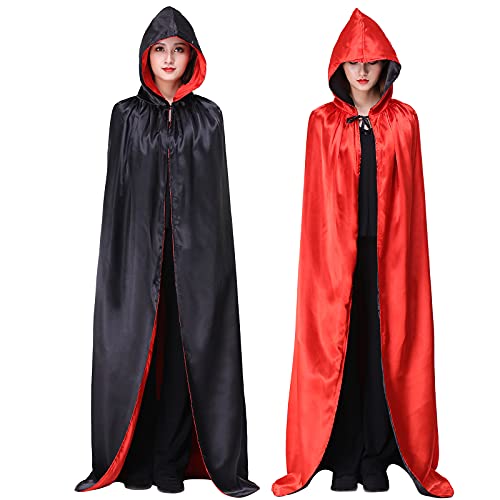 Myir Reversible Capa Negro Rojo con Capucha Adulto Niño Niña, Unisex Disfraces Disfraz de Halloween Hombre Mujer Brujo Bruja Vampira (L)