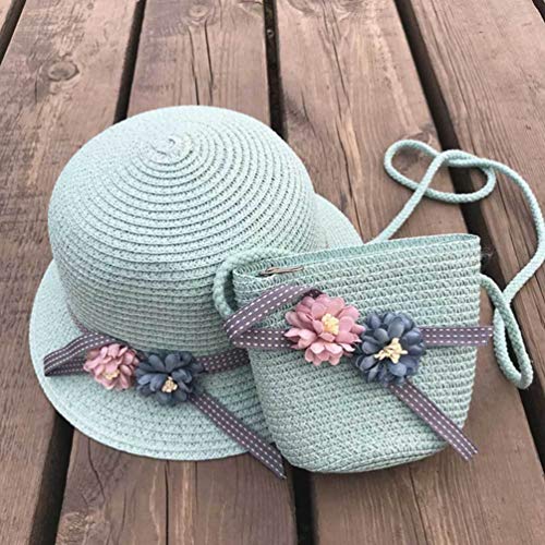 NUOBESTY Sombrero y Bolso de Paja, Flores Sombrero de Paja para El Sol Sombrero Playa Gorras Verano Sombrero Fiesta de té Billetera para Niñas de 3 a 12 Años (Verde Claro)