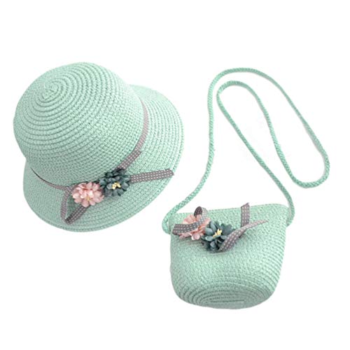 NUOBESTY Sombrero y Bolso de Paja, Flores Sombrero de Paja para El Sol Sombrero Playa Gorras Verano Sombrero Fiesta de té Billetera para Niñas de 3 a 12 Años (Verde Claro)