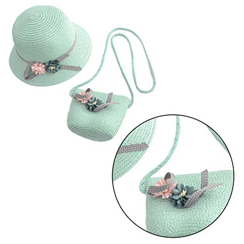 NUOBESTY Sombrero y Bolso de Paja, Flores Sombrero de Paja para El Sol Sombrero Playa Gorras Verano Sombrero Fiesta de té Billetera para Niñas de 3 a 12 Años (Verde Claro)