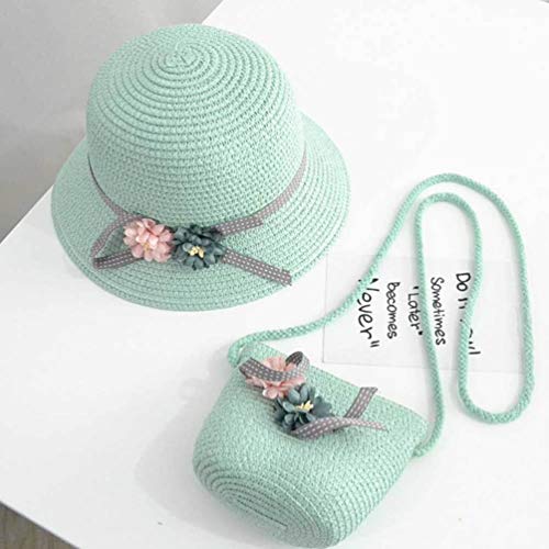 NUOBESTY Sombrero y Bolso de Paja, Flores Sombrero de Paja para El Sol Sombrero Playa Gorras Verano Sombrero Fiesta de té Billetera para Niñas de 3 a 12 Años (Verde Claro)