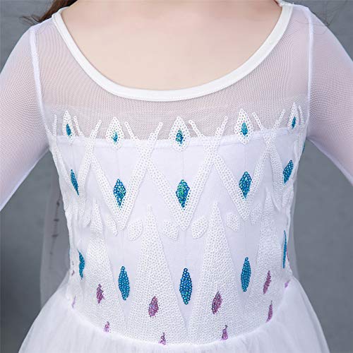 O.AMBW Elsa Disfraz niña Princesa Vestido Nieve Reina 2 Vestir Halloween Navidad Carnaval Fiesta cumpleaños Mascarada película Cosplay Disfraz Blanco Sobredimensionado Capa Vestido de Noche 3-10 años